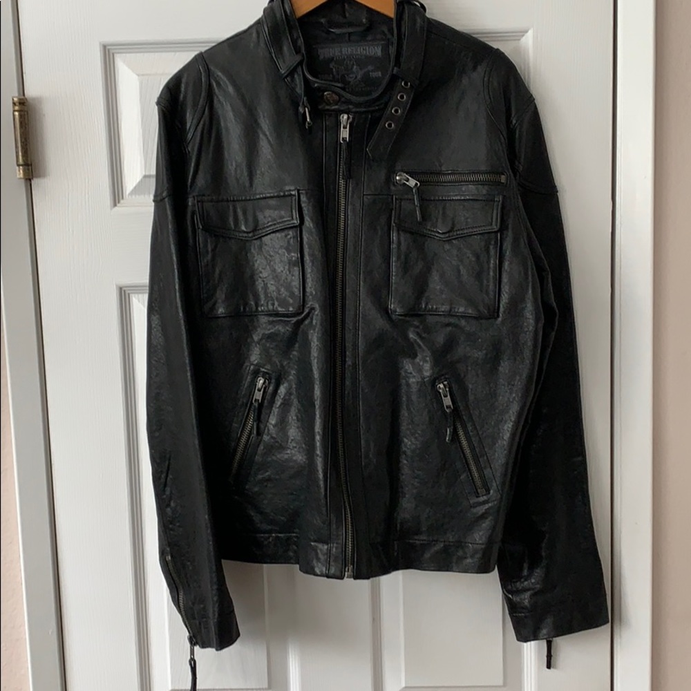 True Religion men’s black leather “Chad” jacket.